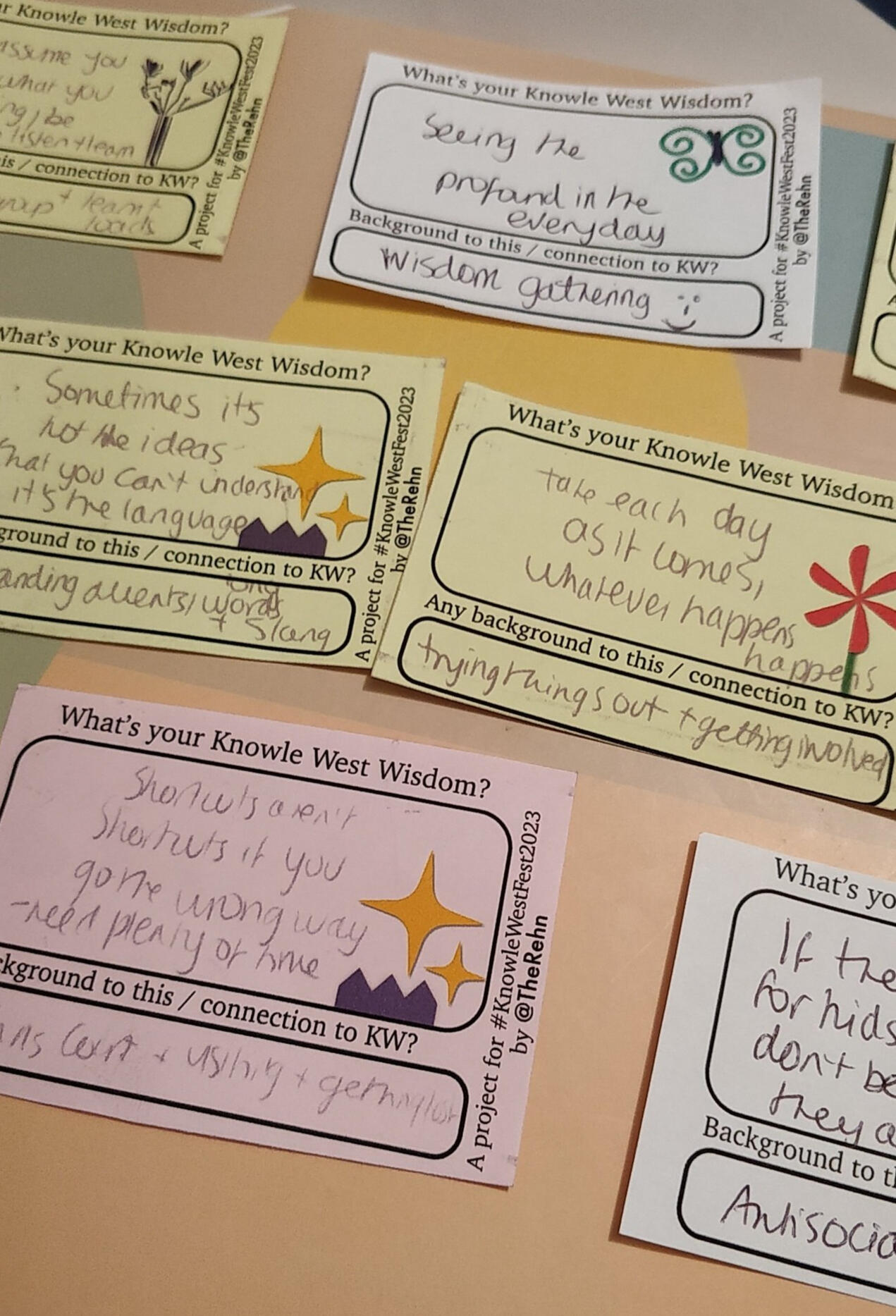 Wisdom slips on yellow, pink and white paper, asking What's your Knowle West Wisdom? Any background to this / connection to KW? Filled with handwritten wisdom