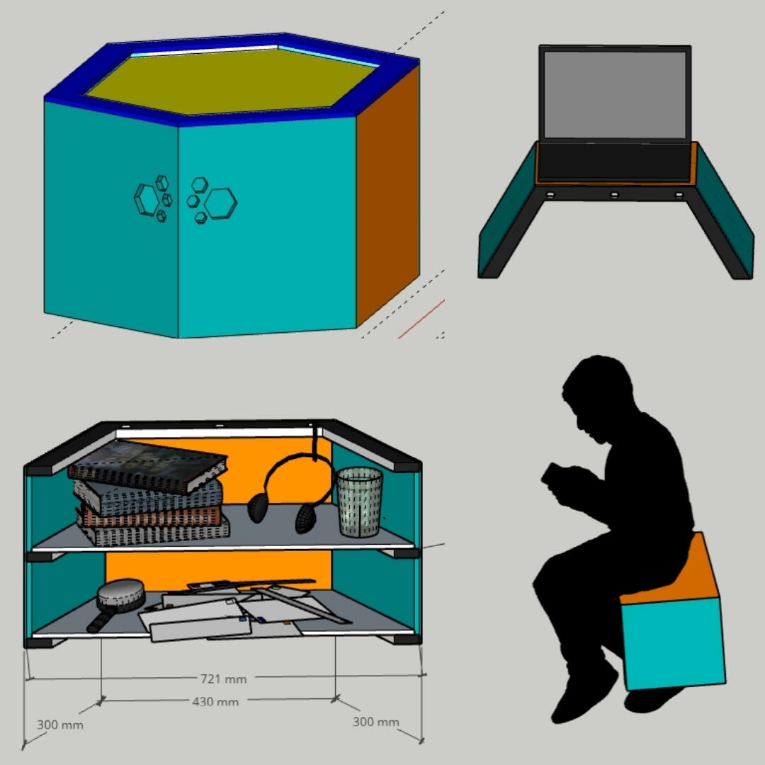 4 views of the digital design, the hexagonal box and sides being used as a laptop lap desk, free-standing shelves and sat on.