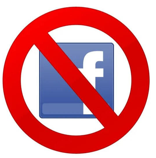 a square Facebook logo with red no entry sign over it