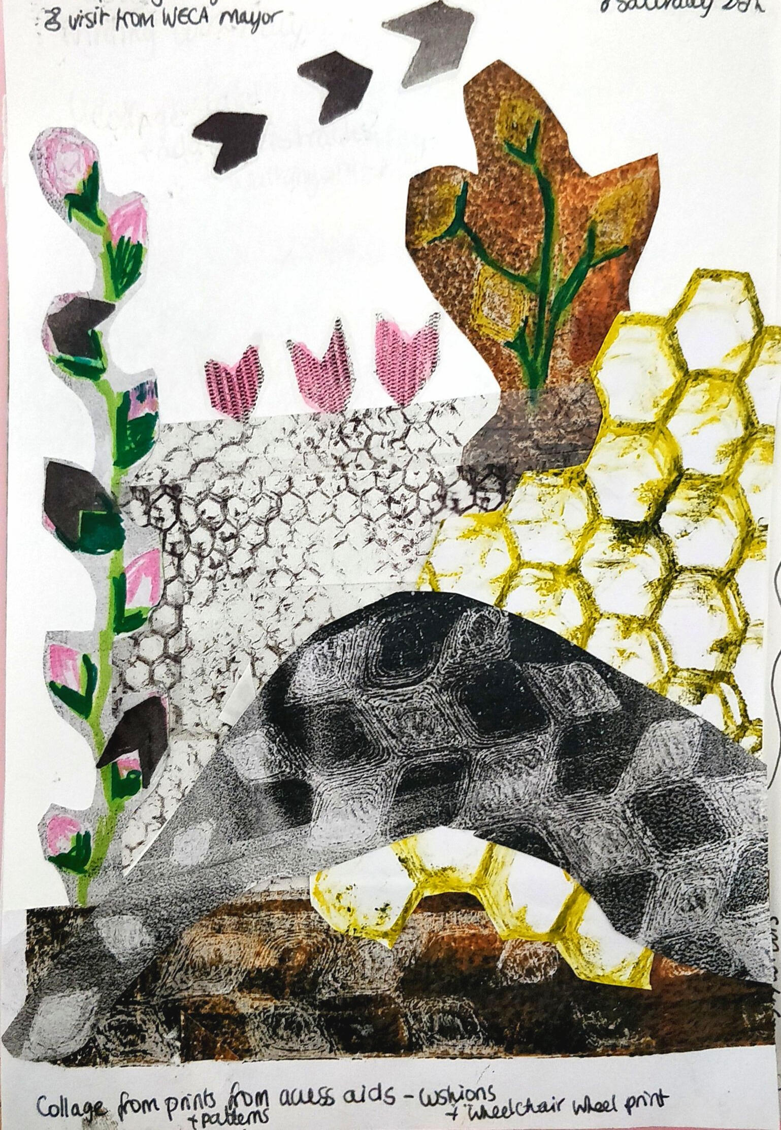 collage of printed papers, with some plants, fences and a knee